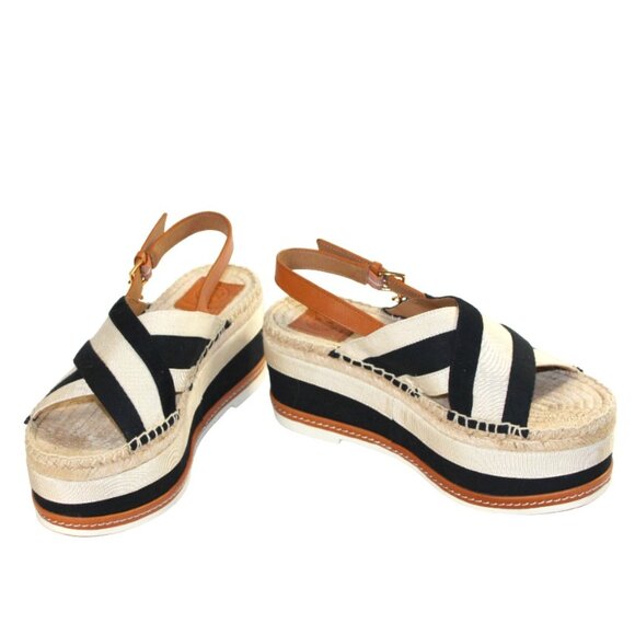 Tory Burch Grosgrain Ribbon Cream And Black Sling Back Platform Sandal, Size 8 - Picture 5 of 11